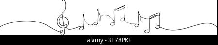 continuous line drawing of musical notes and treble clef, abstract sheet music line art vector illustration Stock Vector