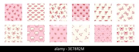 Seamless cherry pattern set with pink bows and hearts. Cute coquette design for girly Valentine backgrounds, fabric prints, and romantic spring decor with vintage ribbon accents. Stock Vector