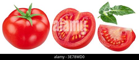 Ripe red tomatoes with a sliced pieces and tomato leaves isolated on a white background with clipping path. High-quality image - photo stacking method Stock Photo