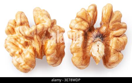 Two halves of peeled walnut isolated on white background, maximum sharpness achieved by stack photography method, clipping path. Stock Photo