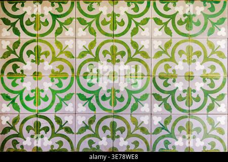 Old vintage cement floor tiles with green floral seamless pattern Stock Photo
