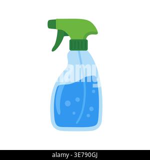 Plastic spray bottle with blue liquid for glass and surface cleaning Stock Vector