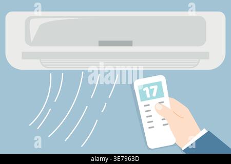 Air conditioning unit with remote control displaying temperature setting, cool air flow illustrated, modern design, indoor setting, light blue Stock Vector