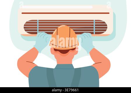 Technician wearing safety helmet and gloves installs air conditioning unit on wall, showing detailed components and ventilation system in a Stock Vector