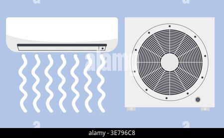 Air conditioning unit illustration featuring indoor and outdoor components with cooling airflow lines on a light blue background for HVAC design and Stock Vector