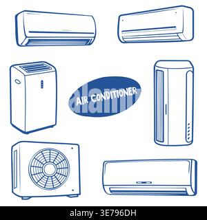 Collection of various air conditioner types including wall-mounted, portable, and window units, illustrated in a simple line art style with labeled Stock Vector