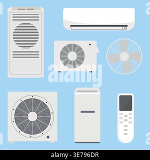 Collection of air conditioning units, fans, and remote controls arranged on a light blue background, showcasing various cooling appliances for home or Stock Vector