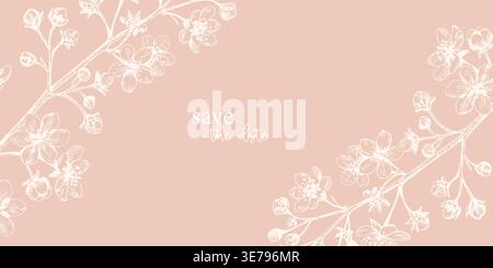 Floral illustration featuring delicate white flowers and branches on a soft peach background with the text save the date prominently displayed in the Stock Vector