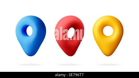Three 3D location pin icons in blue red and yellow Stock Vector
