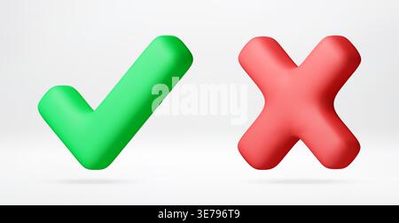 3D green check mark and red cross mark. Stock Vector