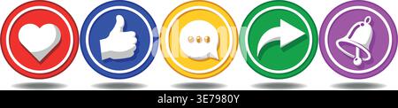 Social media icon set. Circle multicolor buttons follower, like, message, share, subscribe. Vector on transparent background Stock Vector
