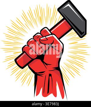 May Day red fist with hammer and sun rise. Labor Day vector template for greeting card on transparent background Stock Vector