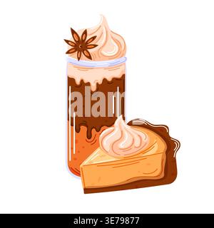 Autumn pumpkin spice latte beverage and piece of pumpkin pie dessert in cartoon style. Seasonal food concept. Vector illustration for greeting card Stock Vector