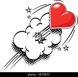 Red heart fly at high speed and breaks through the cloud. Vector on transparent background in comic style Stock Vector