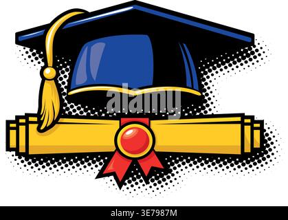 Graduation cap and certificate scroll in pop art style. Vector on transparent background Stock Vector