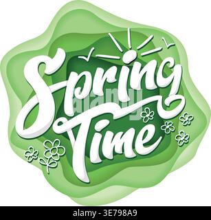 Spring Time lettering on green abstract background. Vector template for greeting card, leaflet, invitation Stock Vector