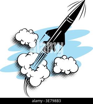 Combat missile flies upward in sky through clouds at high speed. Vector template on transparent background. Stock Vector