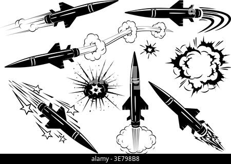 Combat guided homing missile flies at high speed. Ballistic or anti-aircraft missile is used in warfare. War vector icons set on a transparent backgro Stock Vector