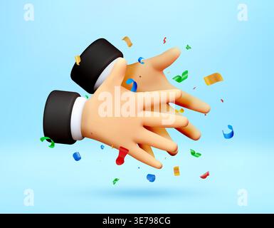3d hands clapping with colorful confetti. Stock Vector
