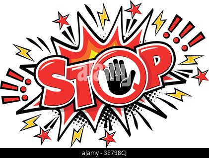 Stop comic explosion style sign. Template speech bubble in Pop art style on transparent background Stock Vector