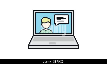 Laptop video chat and online consultation icon: portable computer with person Stock Vector