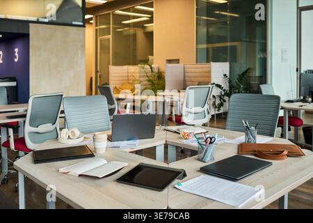 Modern Open Plan Office Workspace Prepared for Team Collaboration Stock Photo