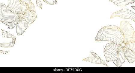 Luxury gold floral pattern on white background, elegant line flowers, decorative leaves frame, border. Vintage vector illustration, Chinese and Stock Vector