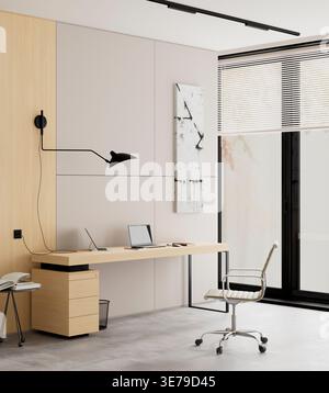 Minimalist home office with Japandi style and soft neutral tones, featuring natural wood accents and clean furniture for modern workspace and interior Stock Photo