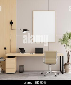 Scandinavian home office with neutral tones and natural wood accents, featuring poster frame mockup and minimalist furniture for modern workspace and Stock Photo