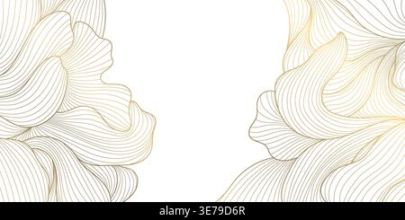Luxury gold floral pattern on white background, elegant line flowers, decorative leaves frame, border. Vintage vector illustration, Chinese and Stock Vector