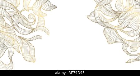 Luxury gold floral pattern on white background, elegant line flowers, decorative leaves frame, border. Vintage vector illustration, Chinese and Stock Vector
