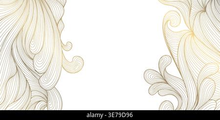 Luxury gold floral pattern on white background, elegant line flowers, decorative leaves frame, border. Vintage vector illustration, Chinese and Stock Vector