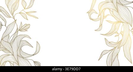 Luxury gold floral pattern on white background, elegant line flowers, decorative leaves frame, border. Vintage vector illustration, Chinese and Stock Vector