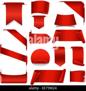 Big set blank scroll paper banners. red paper ribbons on transparent background. realistic labels. isolated vector illustration Stock Vector