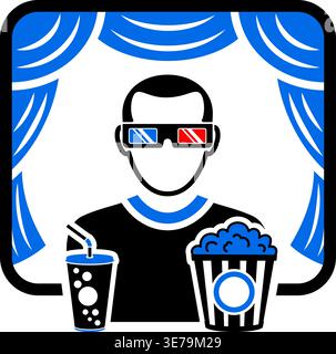 Cinema and Movie concept with two color Icons Set like popcorn, theater and viewer. Isolated vector illustration Stock Vector