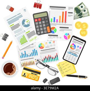 Auditing, Tax process calculation, accounting Concept. Checks financial report. Charts on Documents and Smartphone screens. Flat style icons. Isolated Stock Vector