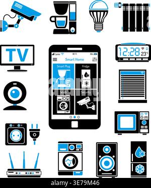 Smart House and internet of things two color Icons Set with smartphone, tablet, security camera, router light bulb and smart tv. Isolated vector illus Stock Vector