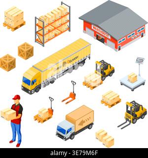 Warehouse, storage, logistics and delivery isometric icons set with storehouse, scales, truck, forklift, courier. Isolated vector illustration Stock Vector