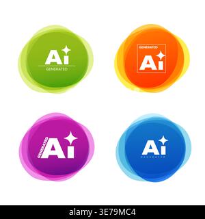 Information set of AI generated labels on colorful abstract backgrounds. These AI generated icons identify content created by artificial intelligence Stock Vector