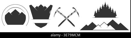 Black and white silhouette illustration featuring a round emblem or shield with mountain range pine forest and crossed ice axes. Minimalist design for Stock Vector