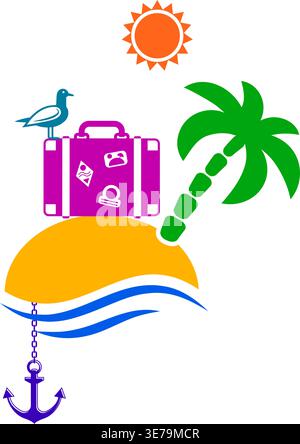 Travel, Tourism and Vacation vector Logo Design Template. Island with Palms, Sun, suitcase, seagull and anchor icons Stock Vector