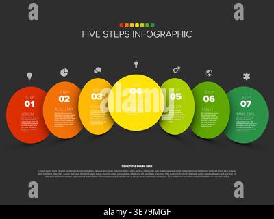 Five steps infographic template with colorful circles, business steps, and icons. Five steps infographic is ideal for presentations, banners, and busi Stock Vector