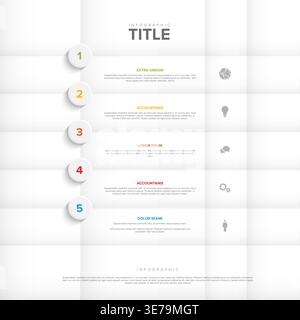 Clean white infographic template featuring five progressive steps for business data visualization. Each step of the infographic and diagram includes c Stock Vector