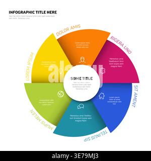 This colorful circular infographic template features six steps for business data visualization. Each infographic element uses icons and text placehold Stock Vector