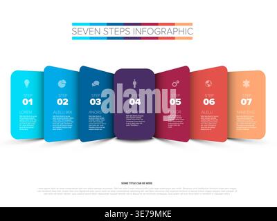 Seven steps infographic showing a colorful, modern template. This seven steps infographic emphasizes each step with vibrant colors and clear step labe Stock Vector