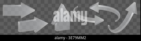 A collection of five transparent 3D arrows in grayscale pointing in different directions including left up right curved and upward curved. Ideal for p Stock Vector