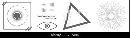 Set of minimal abstract design elements including arrows curves lines halftone burst eye and triangle. Clean modern vector shapes isolated on white ba Stock Vector