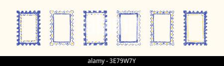 Set of blue and yellow Italian, Greek, mediterranean style hand drawn crayon doodle postage stamp rectangle frames. Whimsical pencil drawings summer f Stock Vector