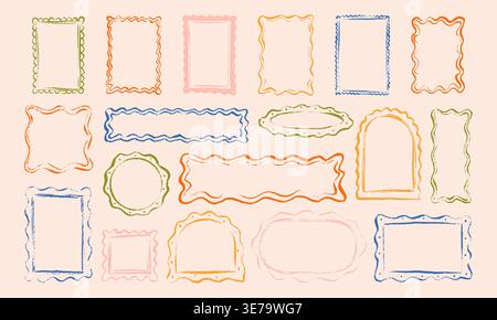 Crayon doodle scalloped edge frame set. Cute kid text box. Hand drawn squiggle wavy rectangle, oval, square, circle, arch shape boarder. Zigzag curvy Stock Vector