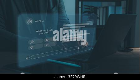 AI chat interface concept with user typing on laptop, virtual assistant chatbot overlay, digital communication technology, automation support, online Stock Photo